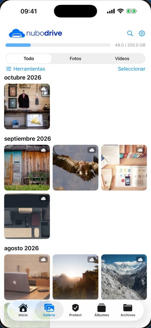 La galería de fotos de NuboDrive en un iPhone