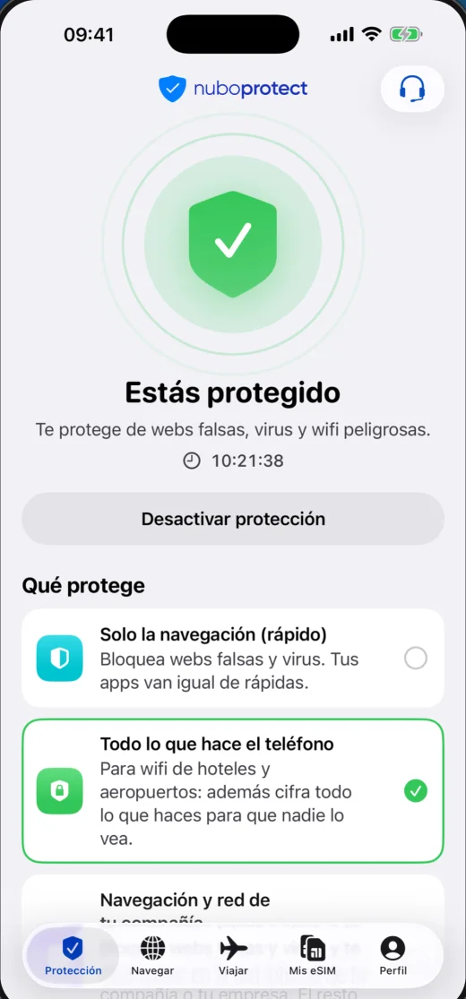La pantalla de protección de NuboProtect en un iPhone